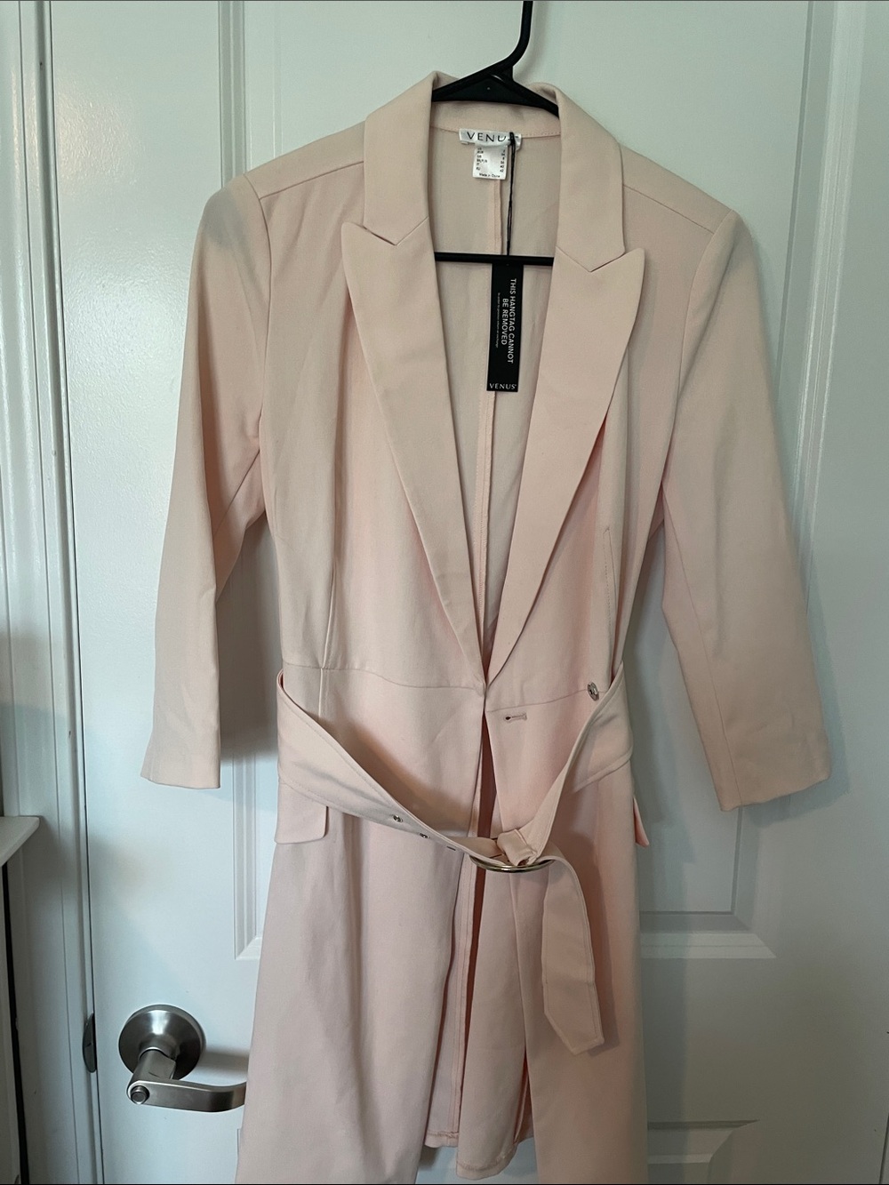 VENUS Light Pink Belted Long Blazer Trench Coat